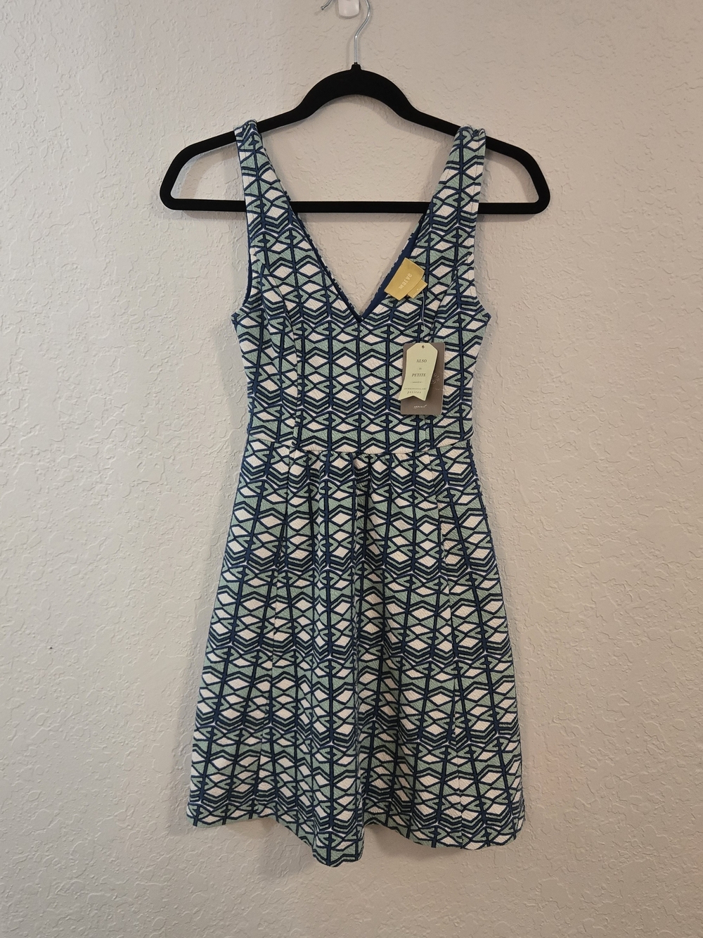 Anthropologie Maeve Blue & White V-Neck Geometric Mini Dress Coquette Balletcore